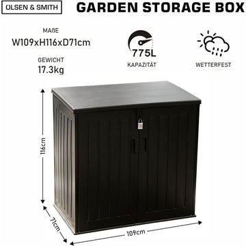 Olsen & Smith Garten-Aufbewahrungsbox Für Den Außenbereich Mit Großem Kapazität, Mit Vorhängeschloss, Kunststoffschuppen, Mülltonnenbox – Ideal Für 2X 190 L-Behälter Und Viele Andere (775L, Schwarz)